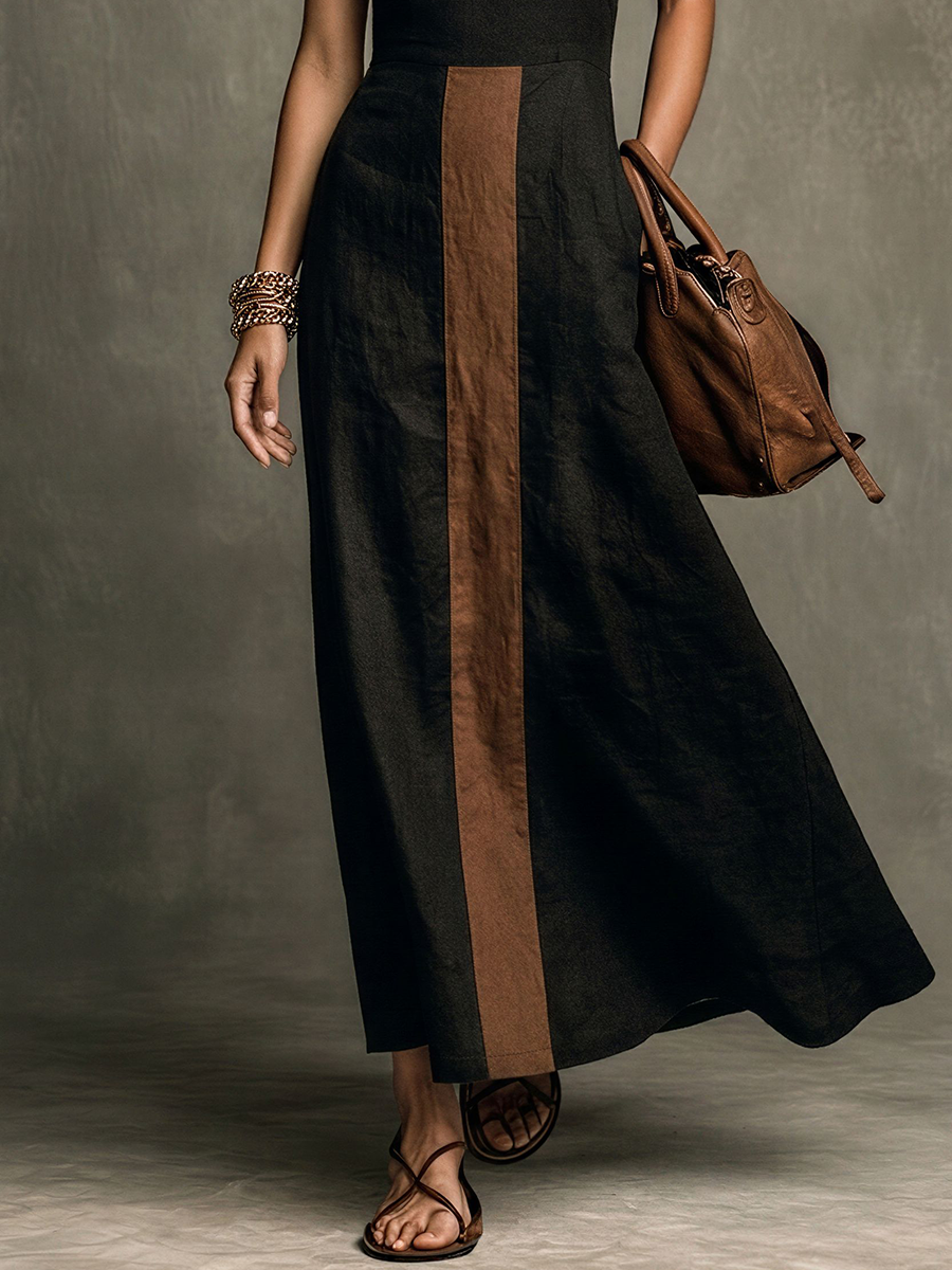 Tori | Damska sukienka maxi w stylu vintage, czarno-brązowa