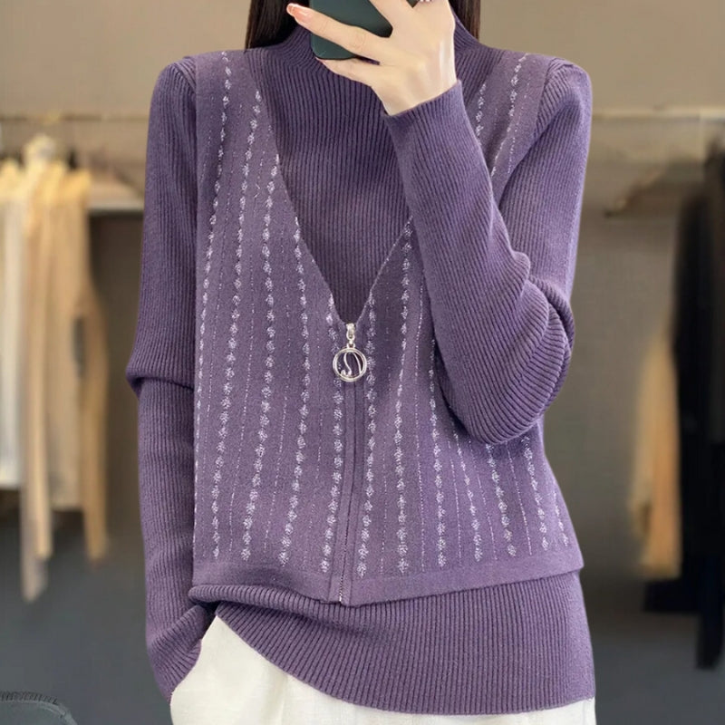 Joanne – sweter z długim rękawem, zamkiem błyskawicznym i okrągłym dekoltem