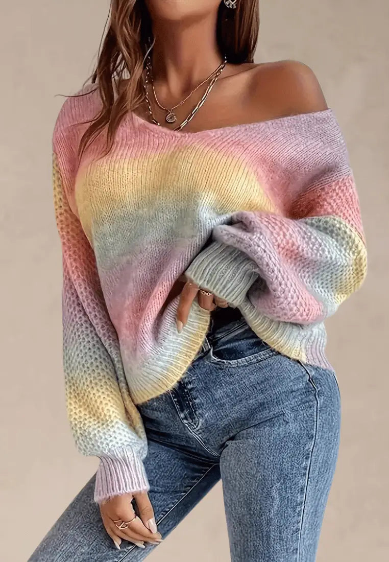 Adrianna | Wielokolorowy sweter damski oversize z dekoltem w serek