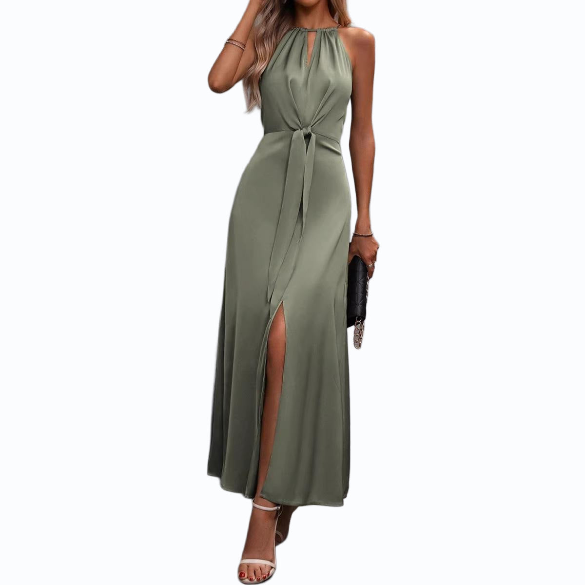 Heather | damska sukienka maxi z eleganckim rozcięciem i wiązanym topem