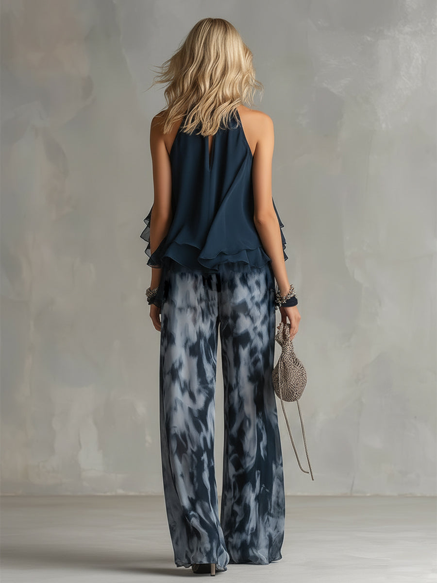 Oliwia | Komplet damski | Top halter z drapowaniem i spodnie wide leg z nadrukiem na lato