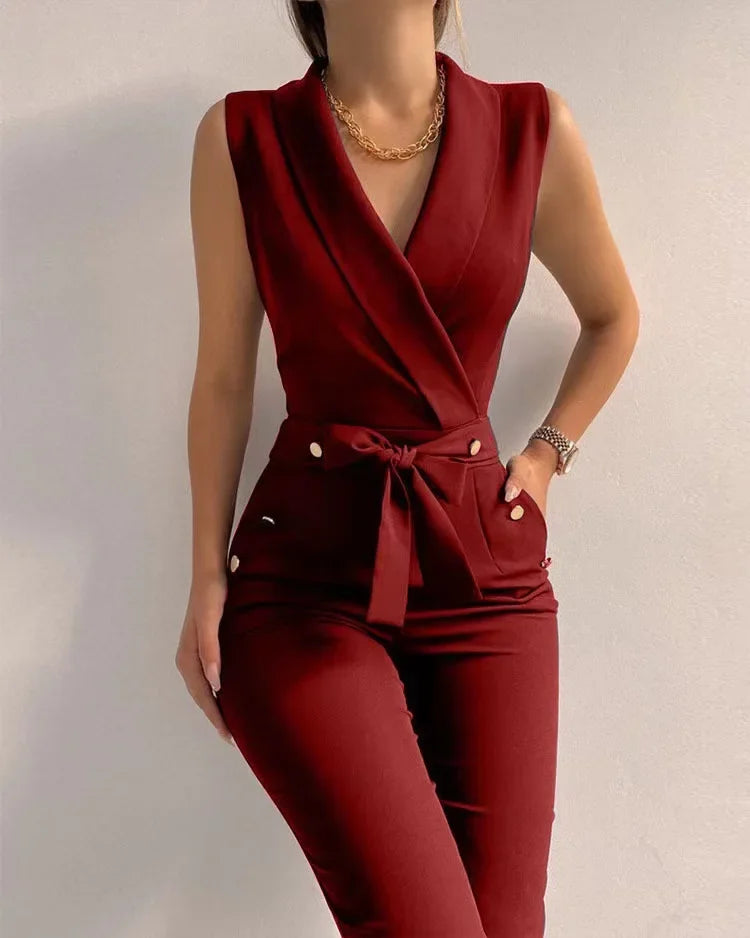 Zelina - Damski elegancki kombinezon bez rękawów z kopertowym dekoltem