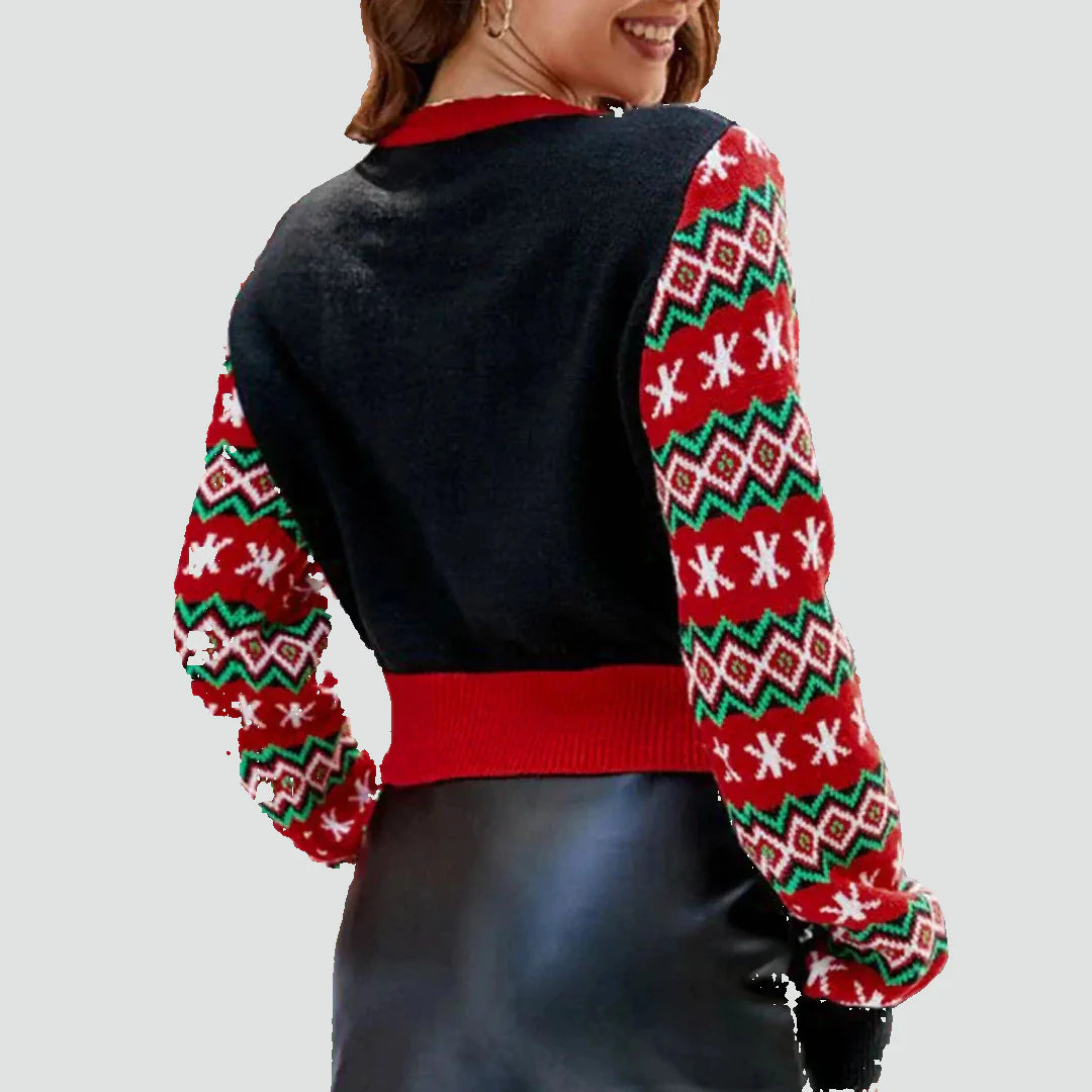 Agnieszka - Krótki śmieszny sweter świąteczny damski z Mikołajem