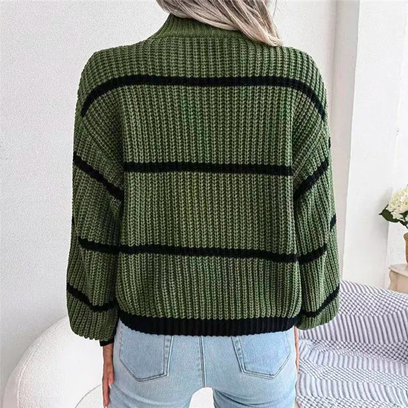 Velistra - Damski stylowy sweter w paski z wysokim kołnierzem