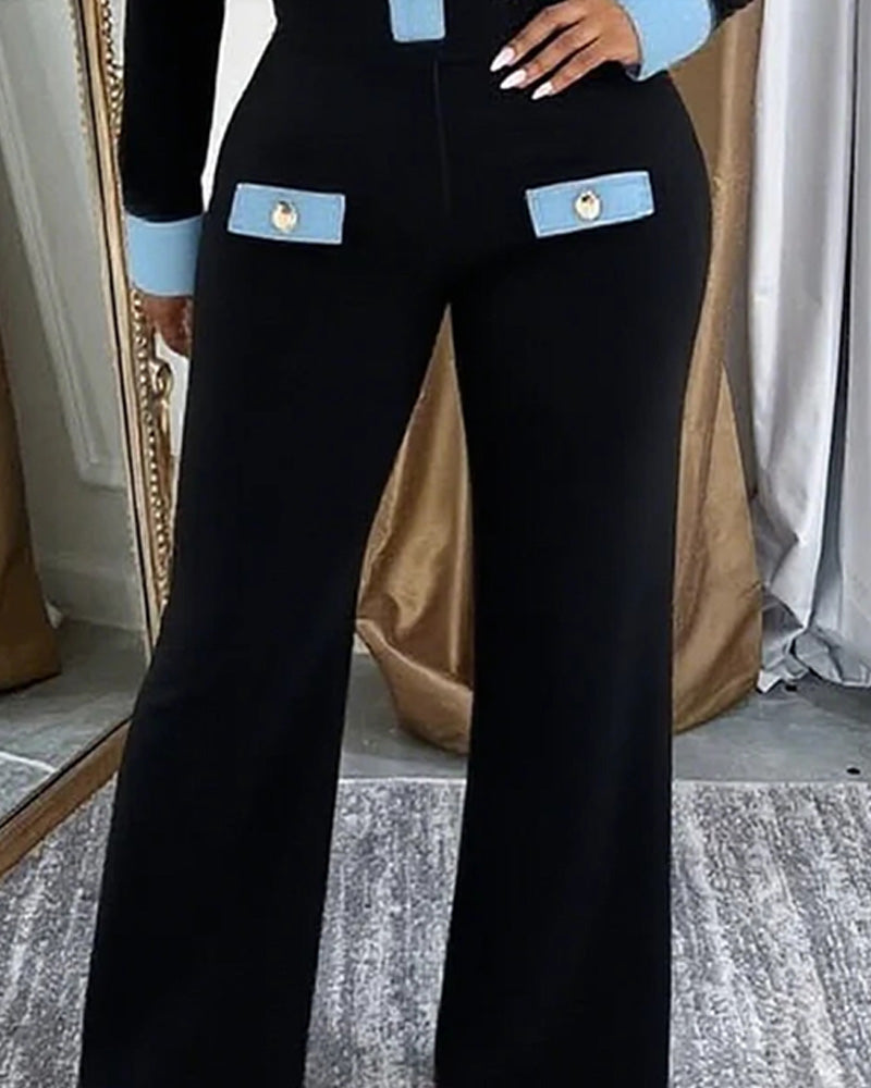 Sylwia | Modny damski kombinezon z denimu w patchworku, szerokie nogawki