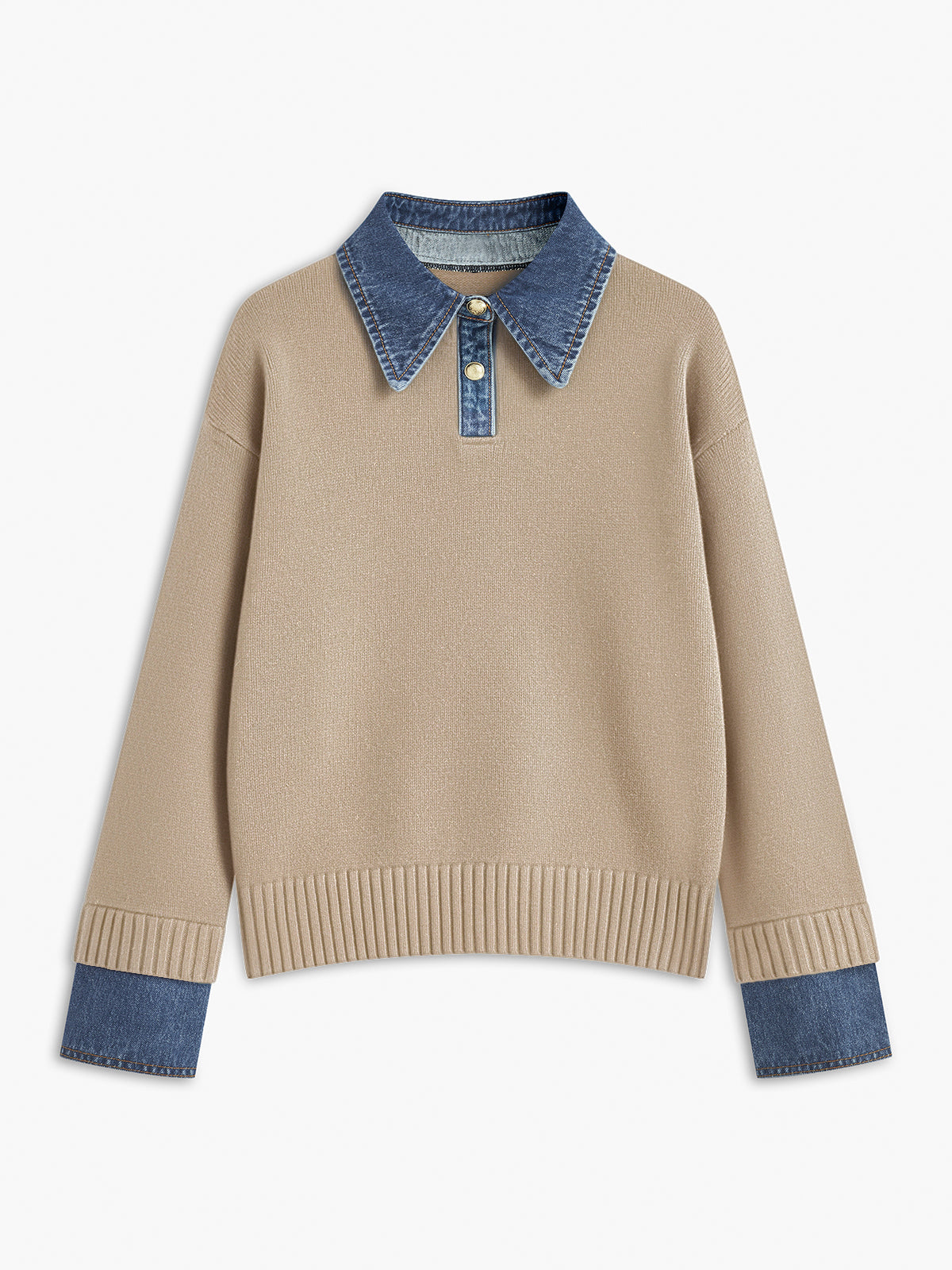 Darlene | Sweter damski z kołnierzykiem i jeansowymi mankietami, stylowy casualowy