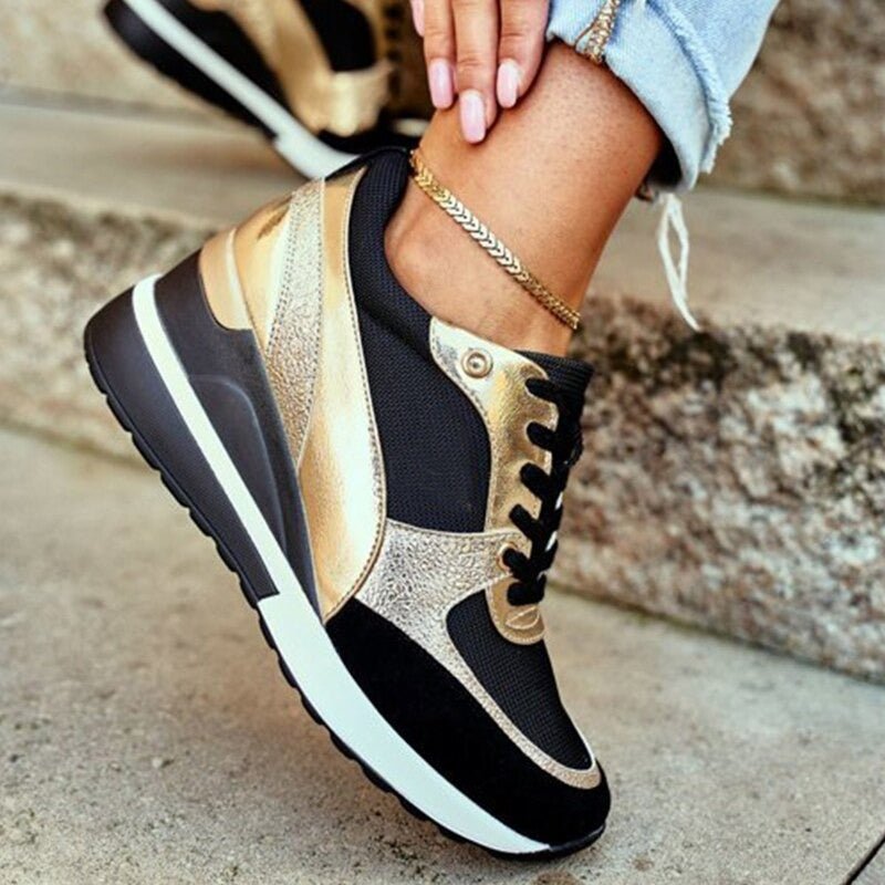 Alison | Sneakersy damskie Callie czarno-złote na platformie sportowe stylowe