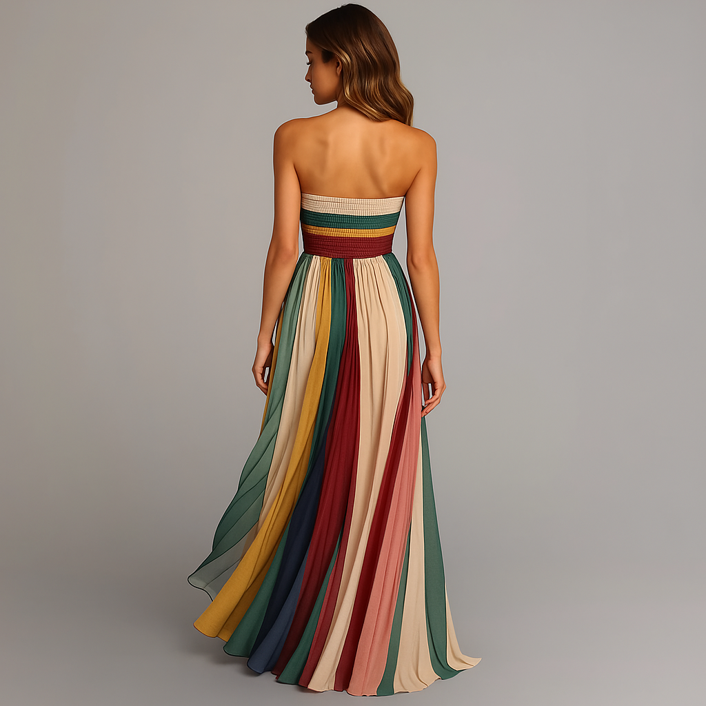 Megan | Sukienka damska maxi bez ramiączek plisowana w stylu colorblock