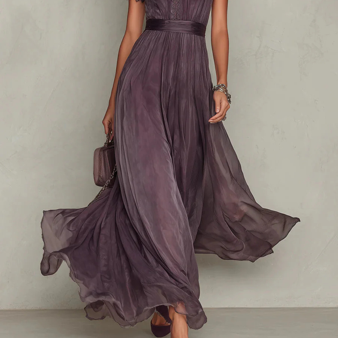 Karrie | Sukienka maxi damska szyfonowa z wysokim kołnierzem elegancka fioletowa