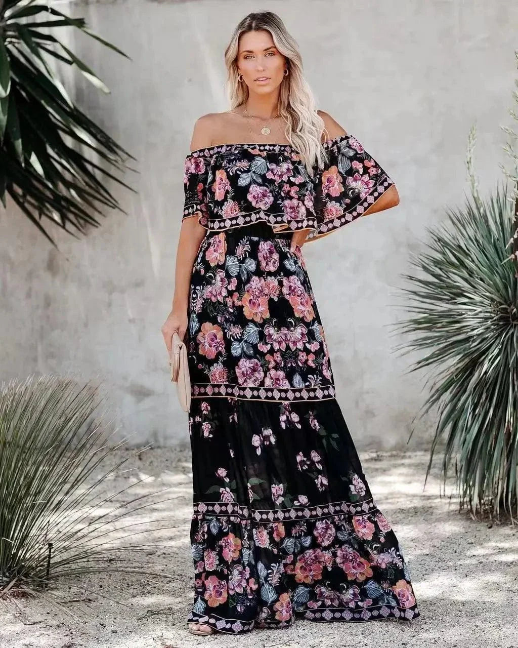 Lexi | Czarna sukienka maxi w kwiaty elegancka letnia