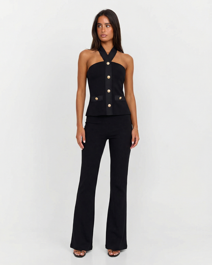 Cody | Czarny komplet damski co-ord z halter neck, elegancki i nowoczesny