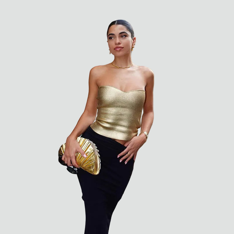 Janie | Metaliczny top damski bez ramiączek w stylu bandeau na przyjęcia