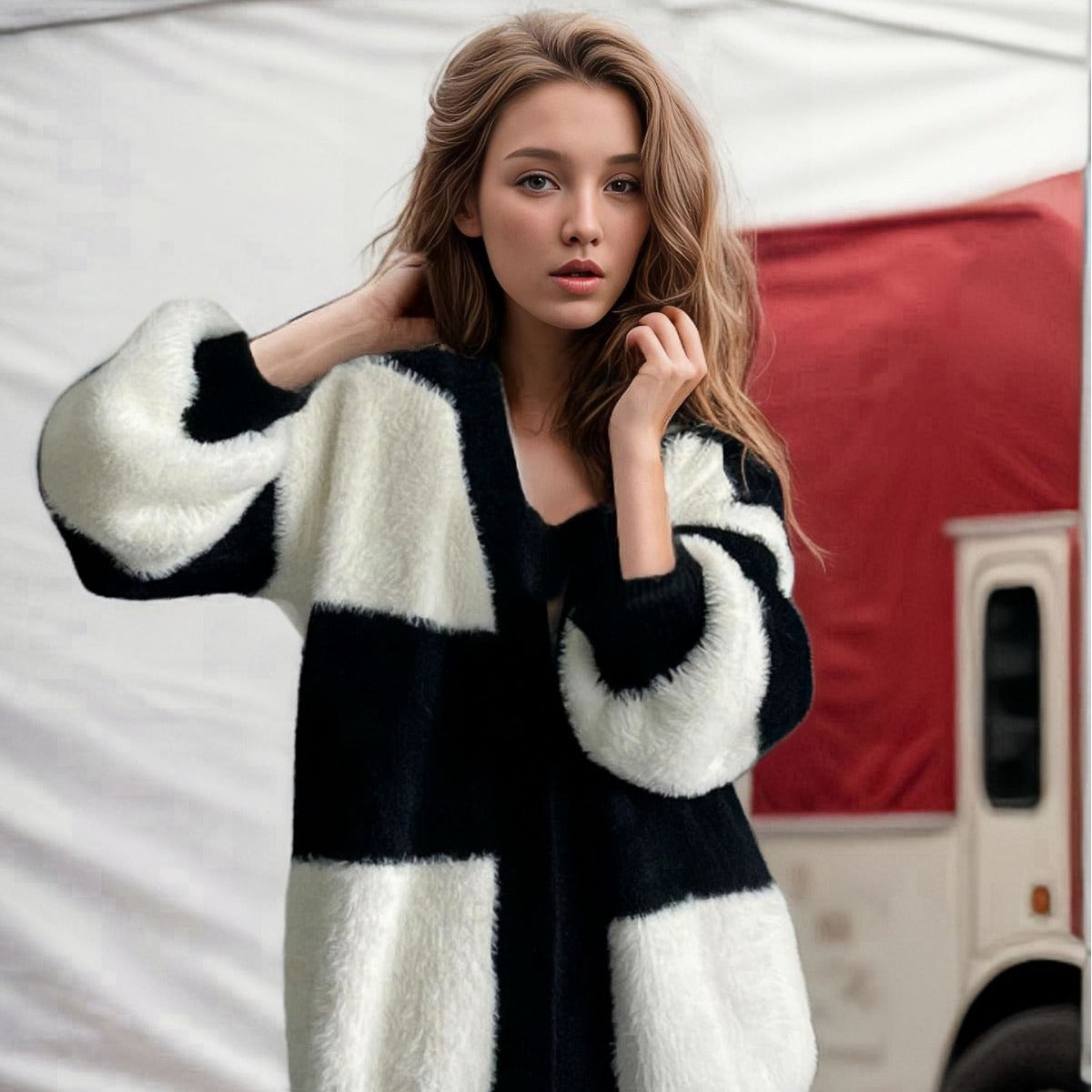 Lexi – damski luźny, modny sweter z dzianiny w paski