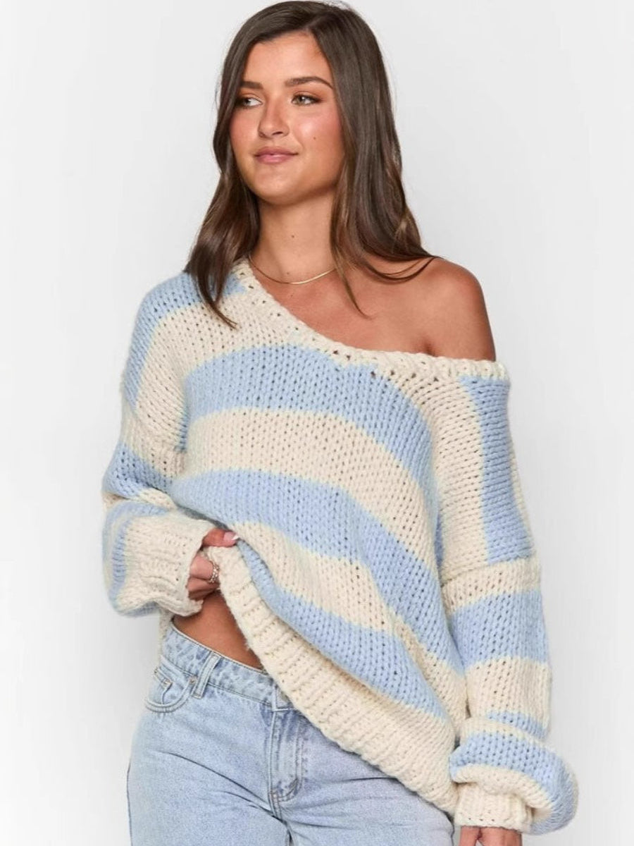 Megan | Damski gruby sweter dzianinowy w paski z odkrytymi ramionami