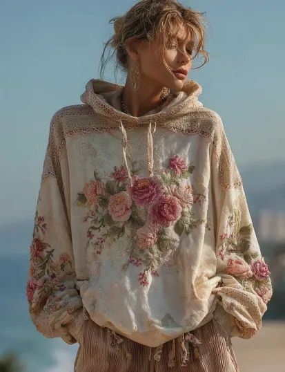 Pepper - Damski sweter z kapturem w stylu vintage barokowym z kobiecym kwiatowym nadrukiem