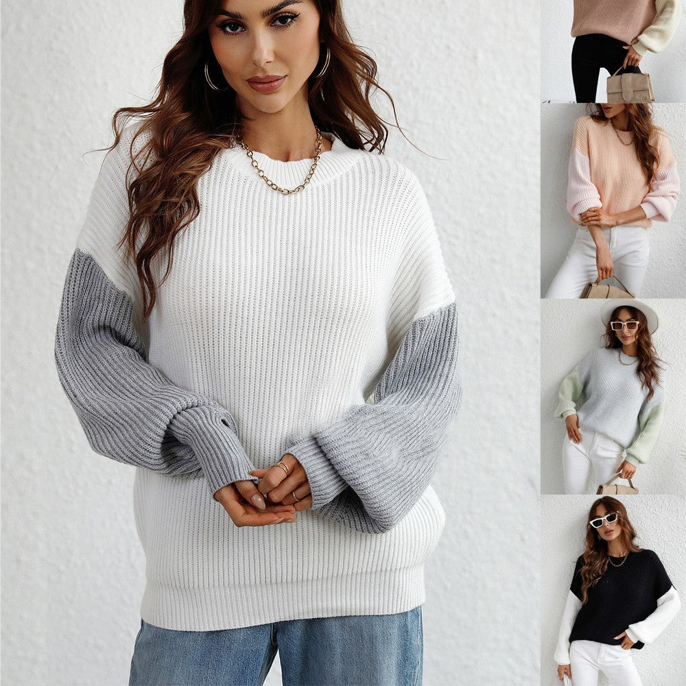Shawna – Elegancki, modny sweter damski z okrągłym dekoltem i kontrastowymi rękawami