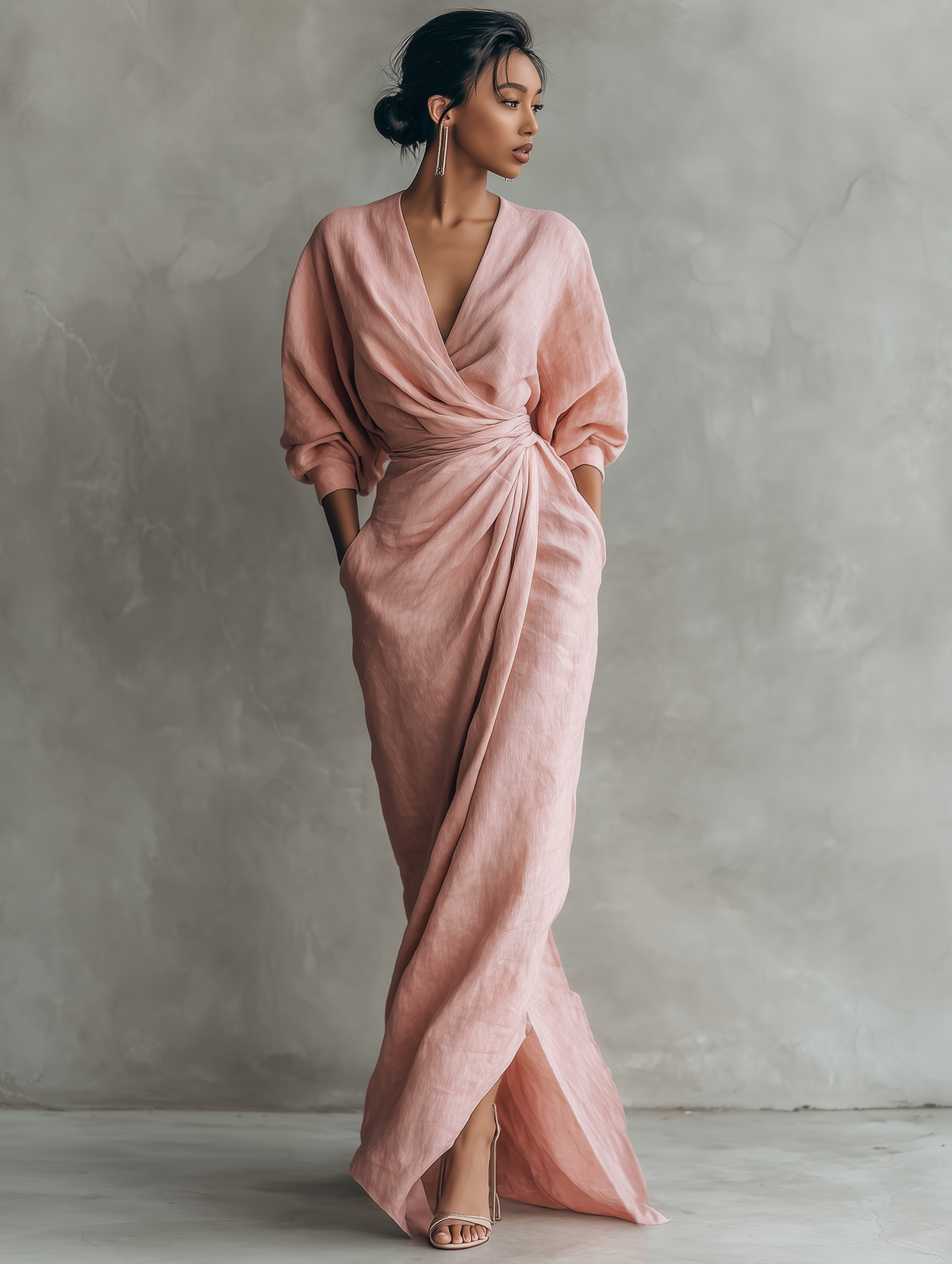 Rosamund | Sukienka maxi damska różowa minimalistyczna z lnu z dekoltem