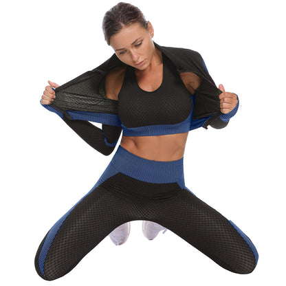 Gussie | Bezszwowy komplet treningowy do jogi i fitnessu legginsy, crop top i bluza