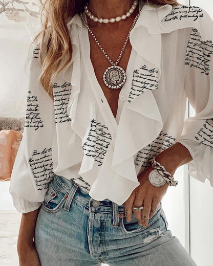 Katrina – Elegancka bluzka damska w stylu boho z szyfonu, z kwiatowym nadrukiem i falbanami