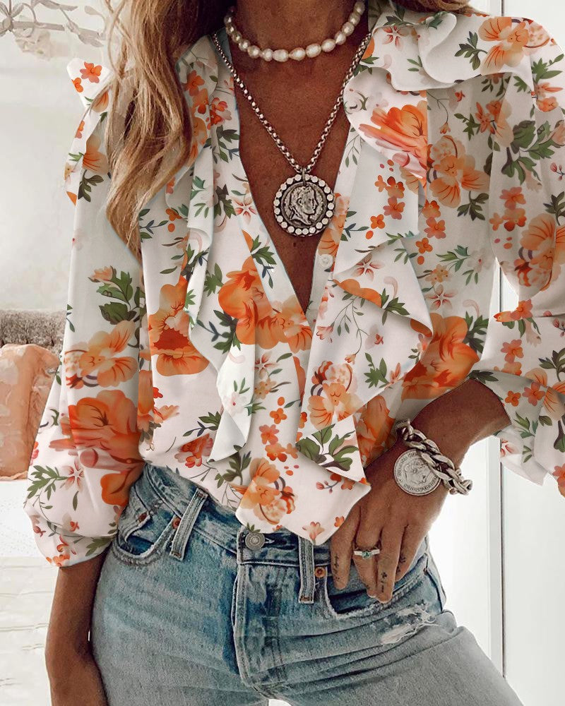 Katrina – Elegancka bluzka damska w stylu boho z szyfonu, z kwiatowym nadrukiem i falbanami