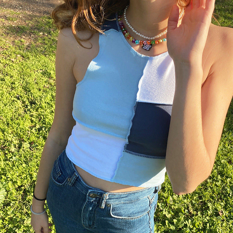 Lara | Damski top bez rękawów w stylu patchwork z okrągłym dekoltem, modny
