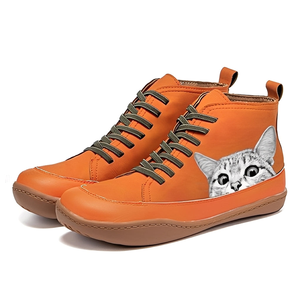 Velma - Stylowe skórzane botki z motywem kota dla kobiet