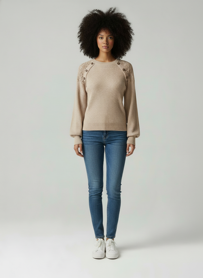 Noel – damski sweter z dzianiny z koronką i bufiastymi rękawami – jesień