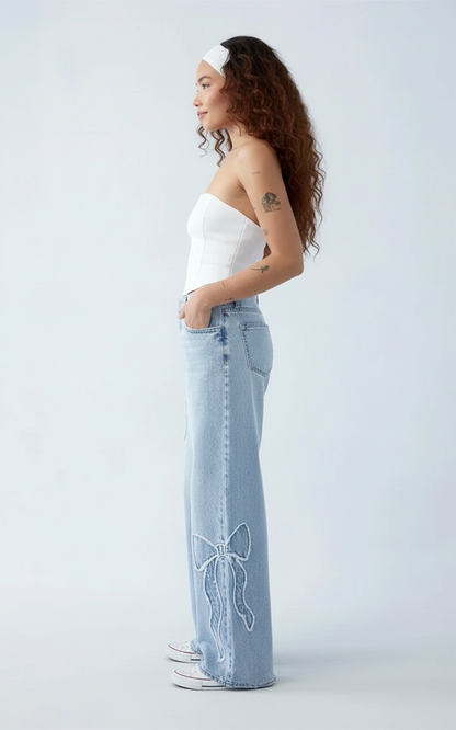 Babette | Damskie jeansy szerokie z haftem, casualowy i modny fason