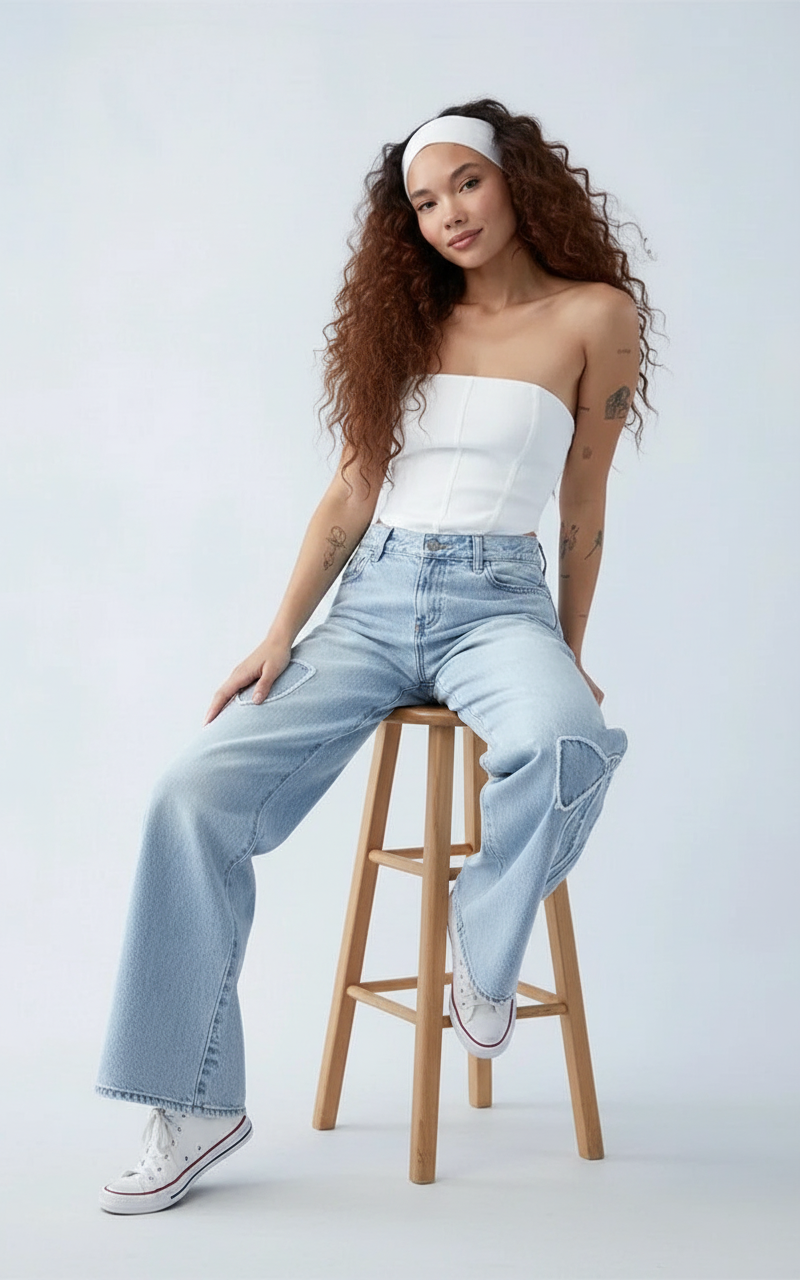 Babette | Damskie jeansy szerokie z haftem, casualowy i modny fason