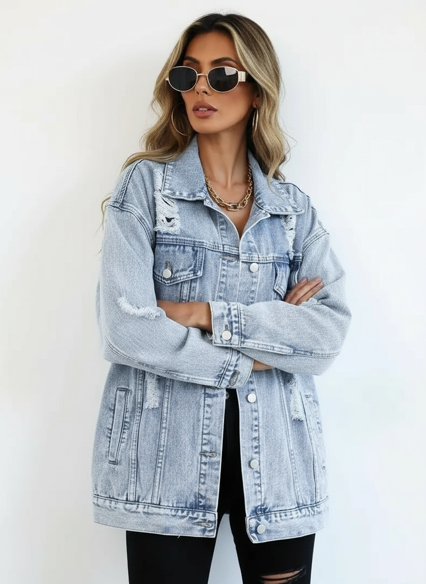 Megan | Damska oversize kurtka jeansowa z przetarciami, modny i casualowy fason
