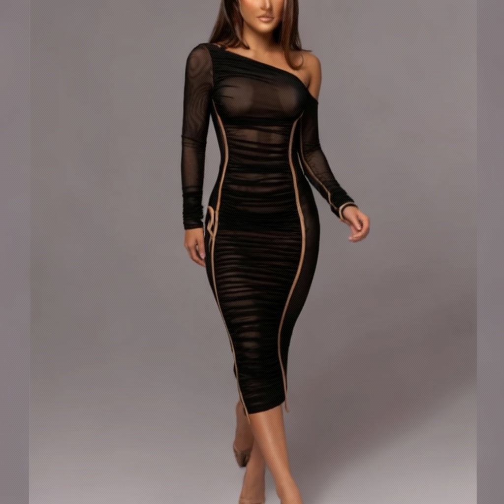 Charle | Damska sukienka midi bodycon na jedno ramię, marszczony tiul, elegancki i kobiecy fason