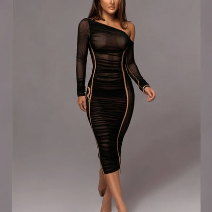 Charle | Damska sukienka midi bodycon na jedno ramię, marszczony tiul, elegancki i kobiecy fason