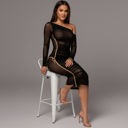 Charle | Damska sukienka midi bodycon na jedno ramię, marszczony tiul, elegancki i kobiecy fason