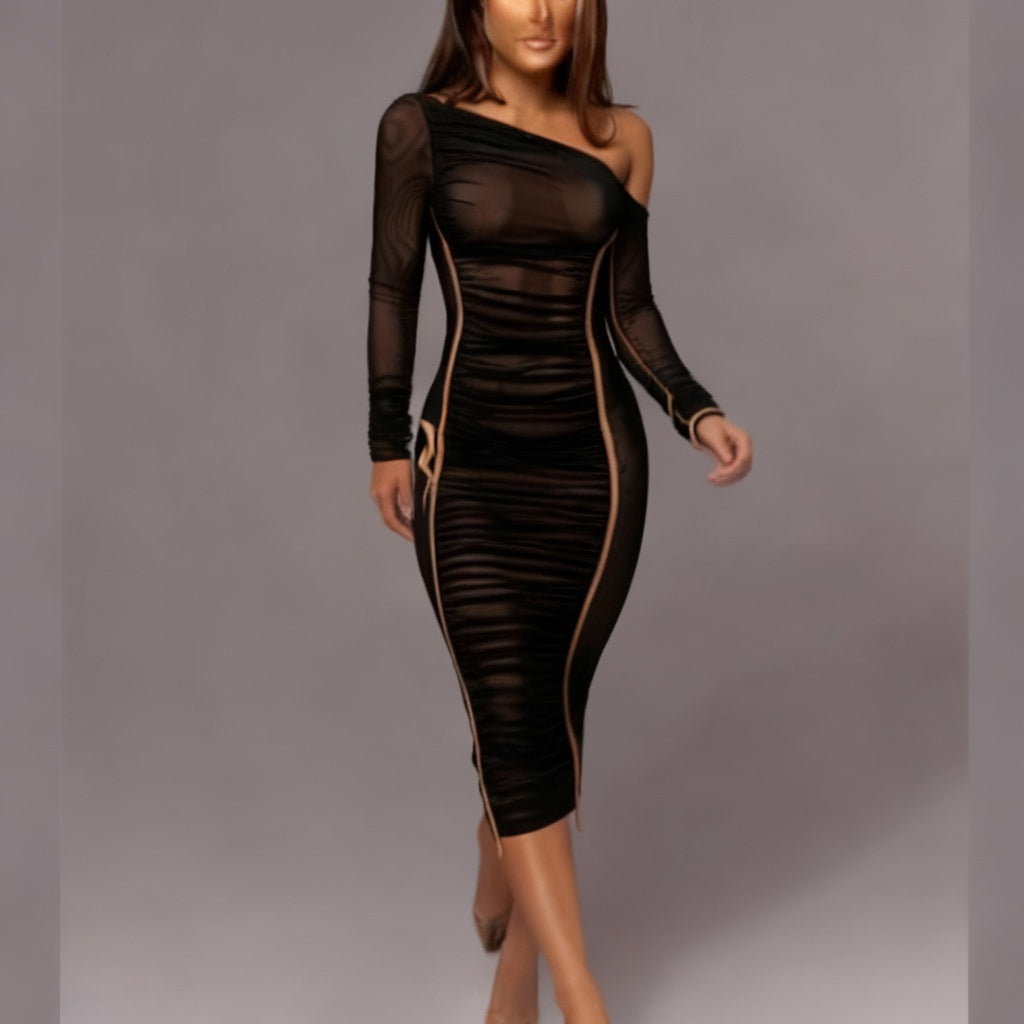 Charle | Damska sukienka midi bodycon na jedno ramię, marszczony tiul, elegancki i kobiecy fason