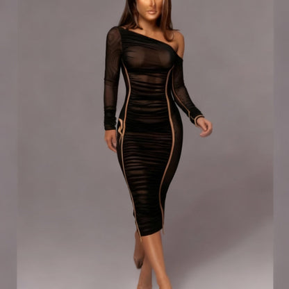 Charle | Damska sukienka midi bodycon na jedno ramię, marszczony tiul, elegancki i kobiecy fason