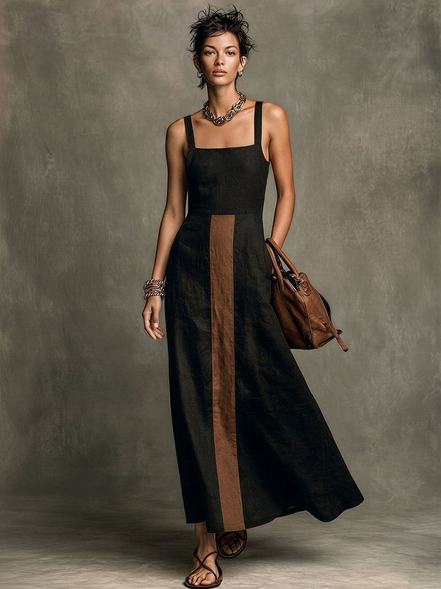Tori | Damska sukienka maxi w stylu vintage, czarno-brązowa