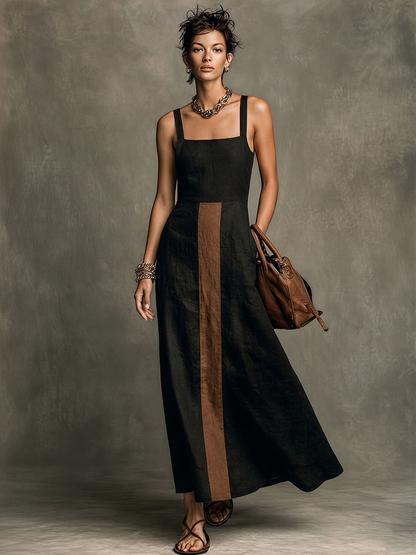Tori | Damska sukienka maxi w stylu vintage, czarno-brązowa
