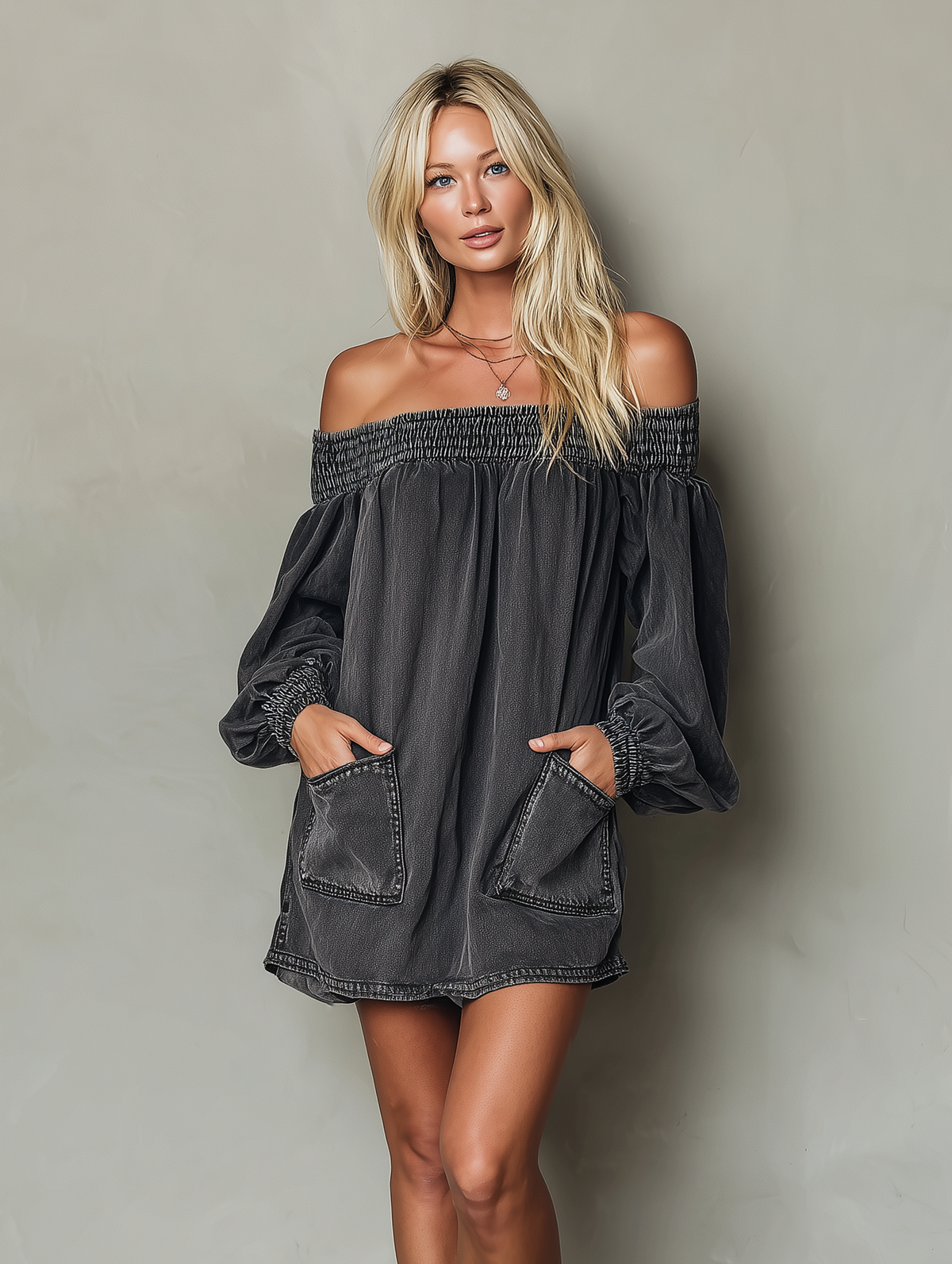 Denise | Sukienka mini damska szara jeansowa off-shoulder z elastyczną talią