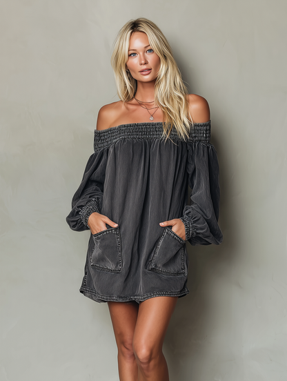 Denise | Sukienka mini damska szara jeansowa off-shoulder z elastyczną talią