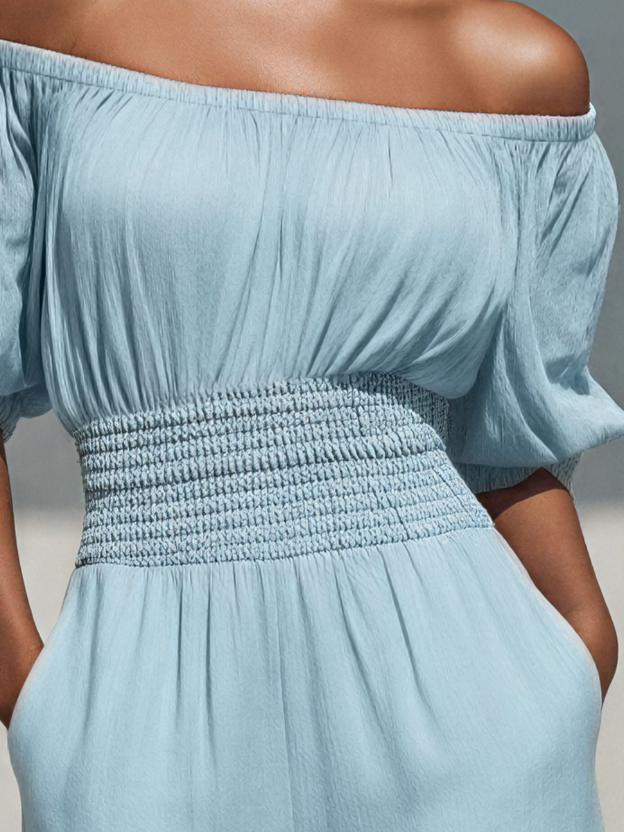 Emily | Kombinezon damski jasnoniebieski off-shoulder z bufiastymi rękawami