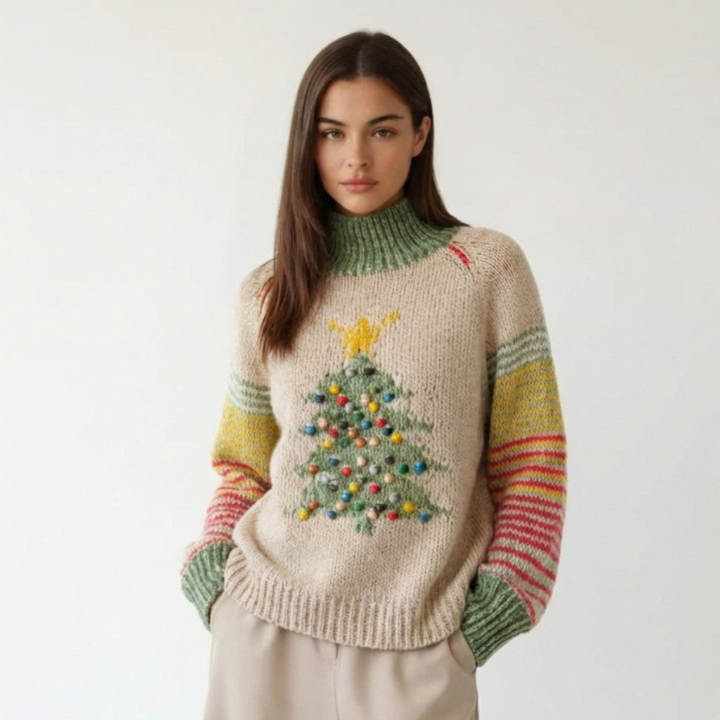 Evadne - Sweter damski na święta z golfem, motyw choinki, styl zimowy