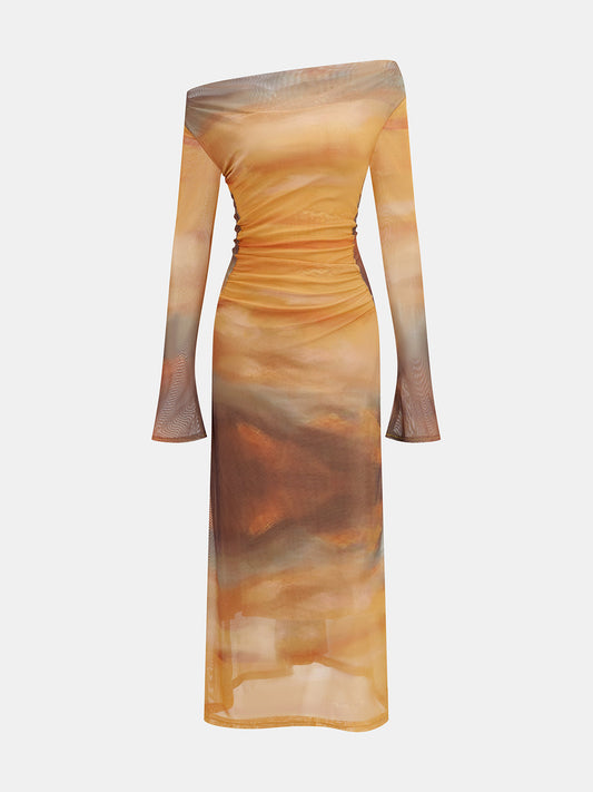 Charlene | Sukienka damska midi z siateczki z nadrukiem zachodu słońca w stylu tie-dye