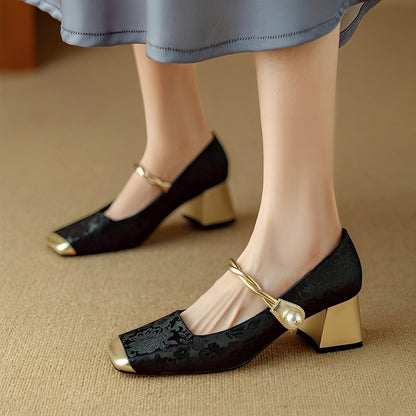 Ramona - Eleganckie stylowe damskie buty na obcasie słupkowym z tłoczeniem