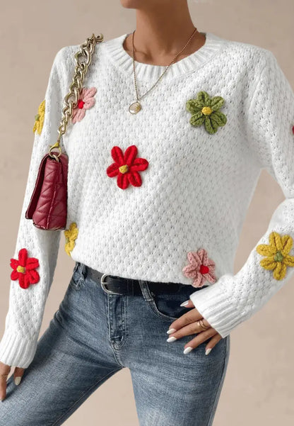 Laura | Biały sweter damski z kolorowymi kwiatkami 3D