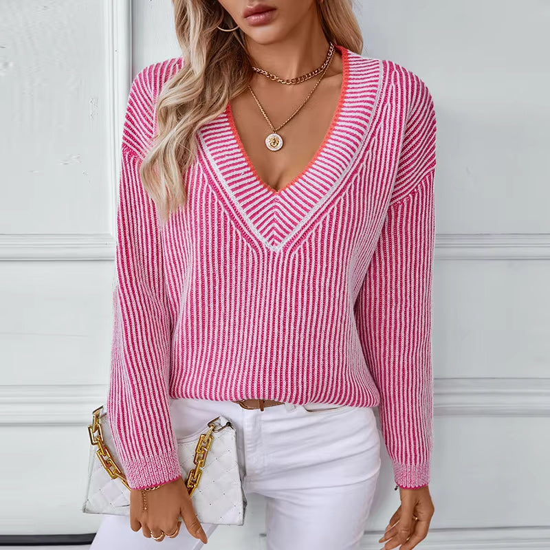 Haisley | Sweter damski w paski z długim rękawem i dekoltem w serek, dzianinowy casual