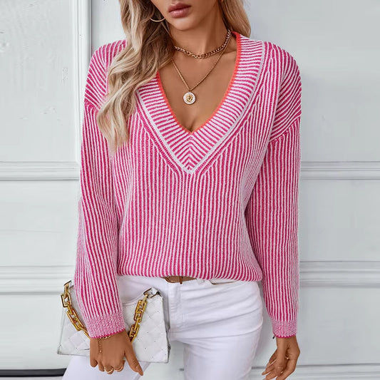 Haisley | Sweter damski w paski z długim rękawem i dekoltem w serek, dzianinowy casual