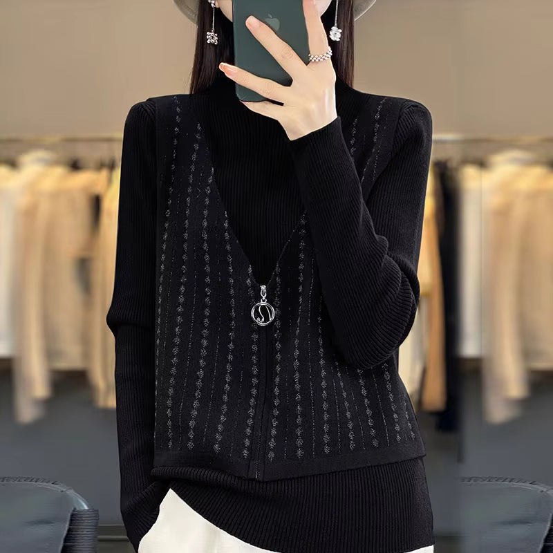 Joanne – sweter z długim rękawem, zamkiem błyskawicznym i okrągłym dekoltem