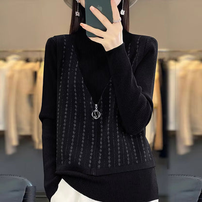 Joanne – sweter z długim rękawem, zamkiem błyskawicznym i okrągłym dekoltem