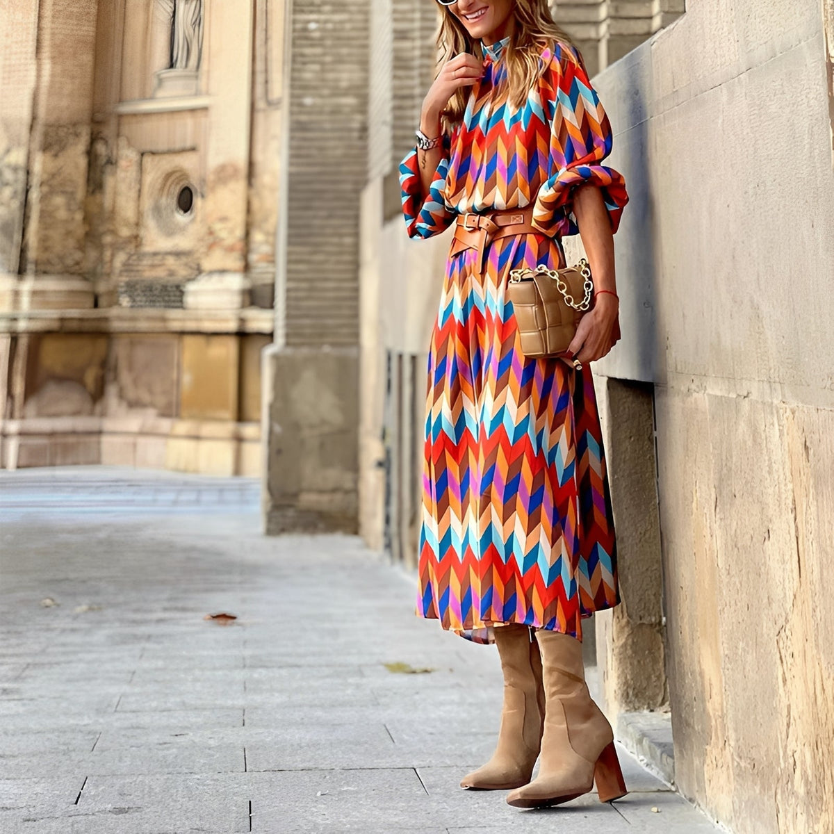 Bettany | Kolorowa sukienka midi damska, lekki i stylowy fason