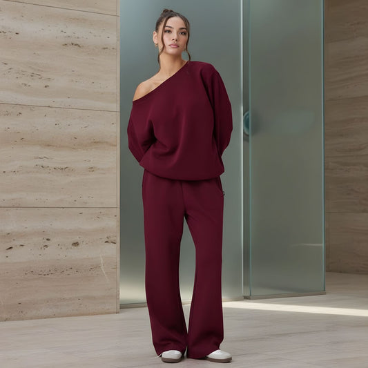 Michele | Damski komplet loungewear off-shoulder z szerokimi nogawkami